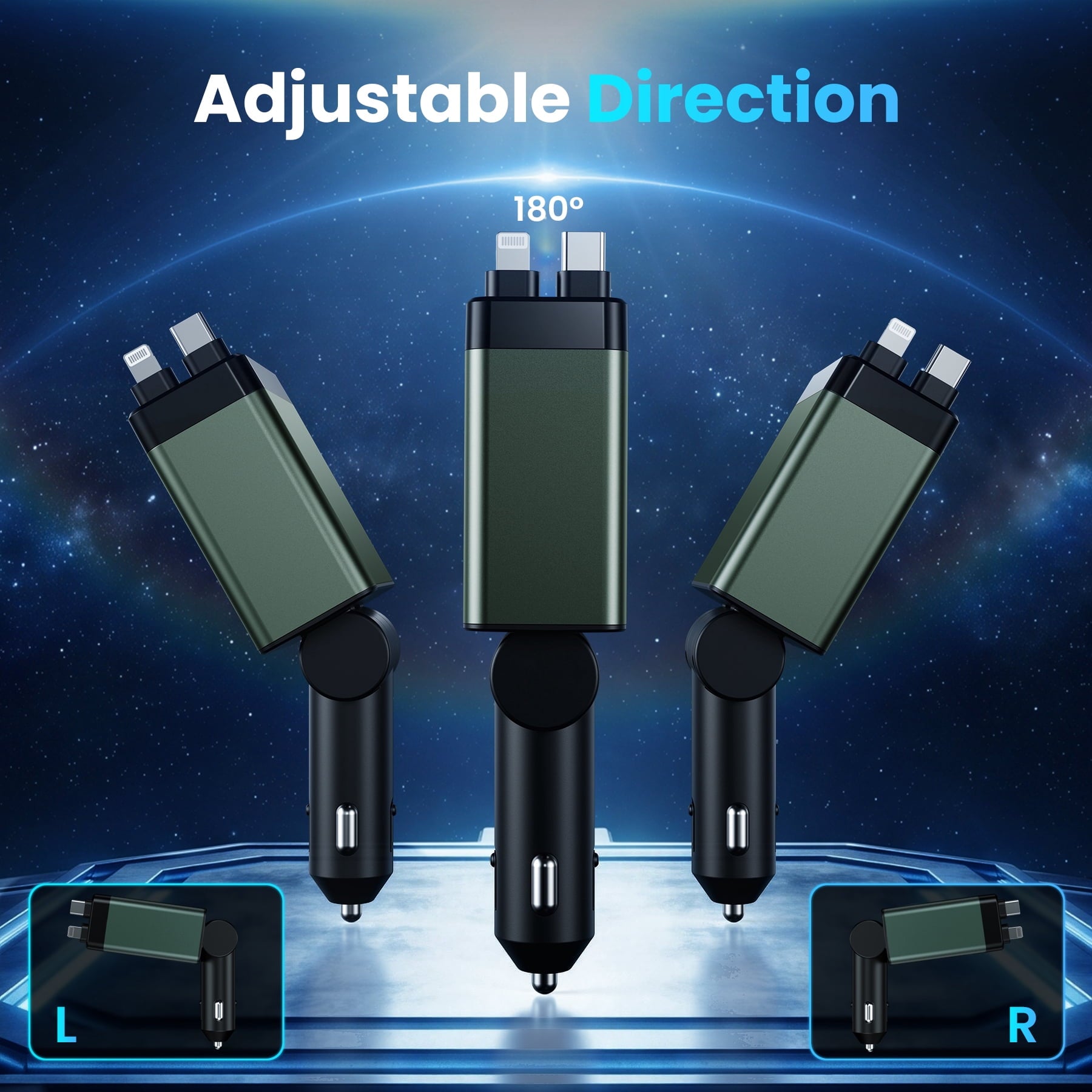 Retractable Car Charger Adapter, 150W Fast Charger for Car, 4 in 1 Car Phone Charger with Cables(2.6Ft), 180° Adjustable,Voltage Display-Green