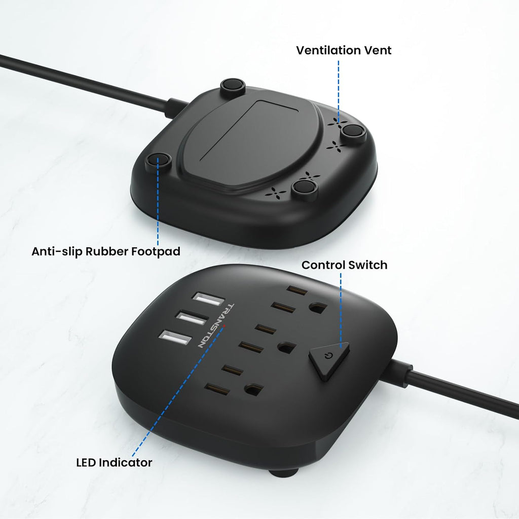 Power Strip 3 Outlets and 3 USB Ports with Switch Control, Desktop Charging Station with 5 Ft Extension Cord, Compact for Nightstand, Office and Travel - Black