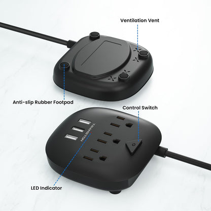 Power Strip 3 Outlets and 3 USB Ports with Switch Control, Desktop Charging Station with 5 Ft Extension Cord, Compact for Nightstand, Office and Travel - Black
