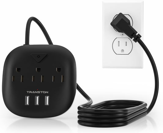 Power Strip 3 Outlets and 3 USB Ports with Switch Control, Desktop Charging Station with 5 Ft Extension Cord, Compact for Nightstand, Office and Travel - Black