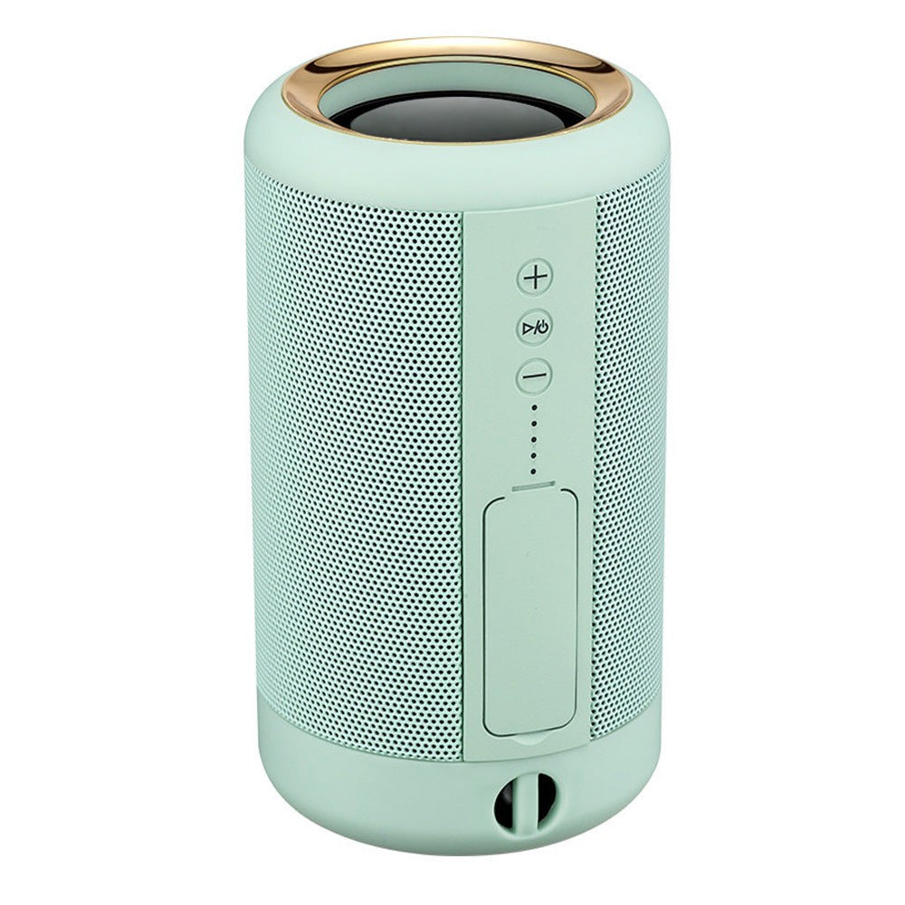 Axendris portable wireless Bluetooth speaker in mint green with a gold rim and integrated control buttons.