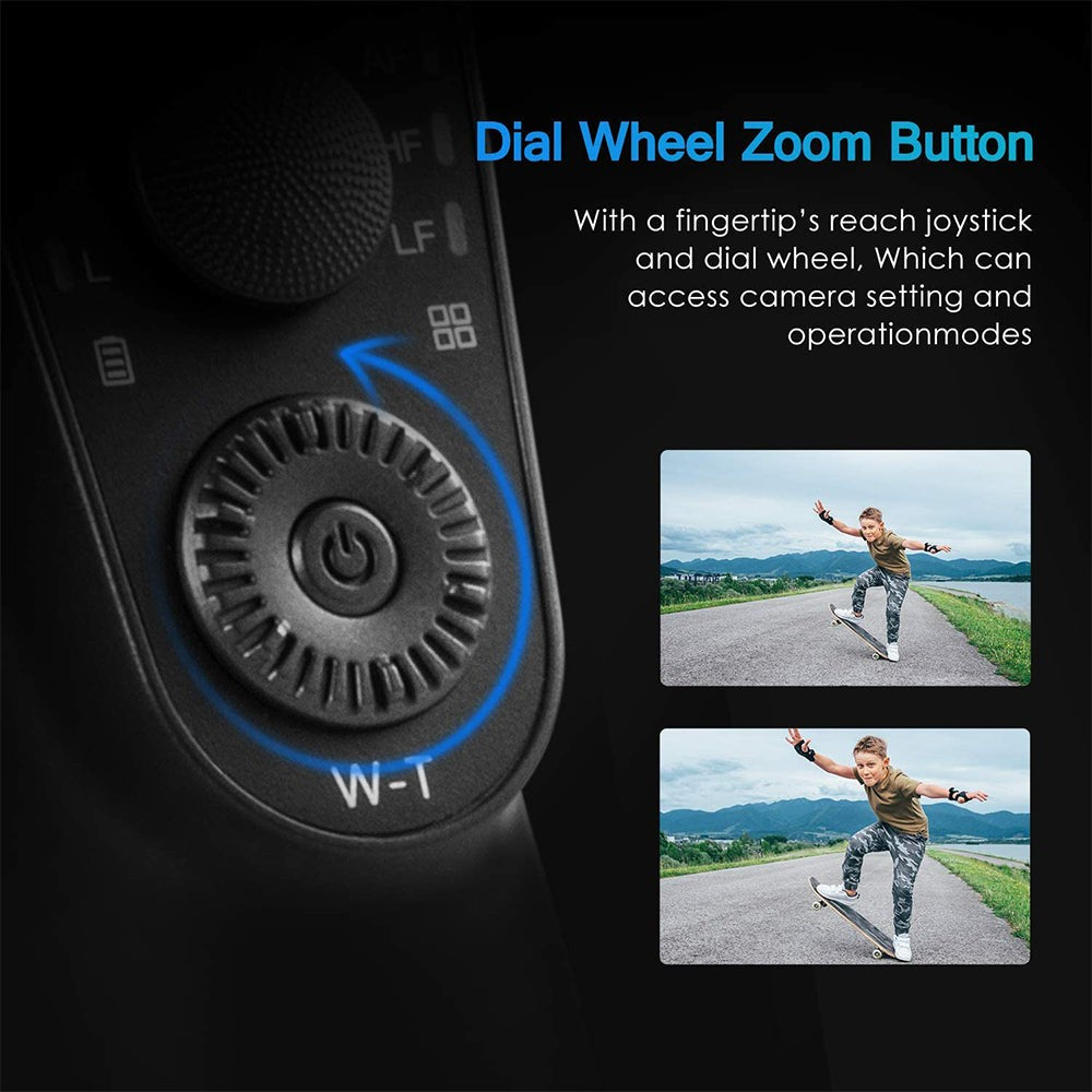 Axendris three-axis handheld gimbal stabilizer featuring a close-up of the dial wheel zoom button and joystick control.