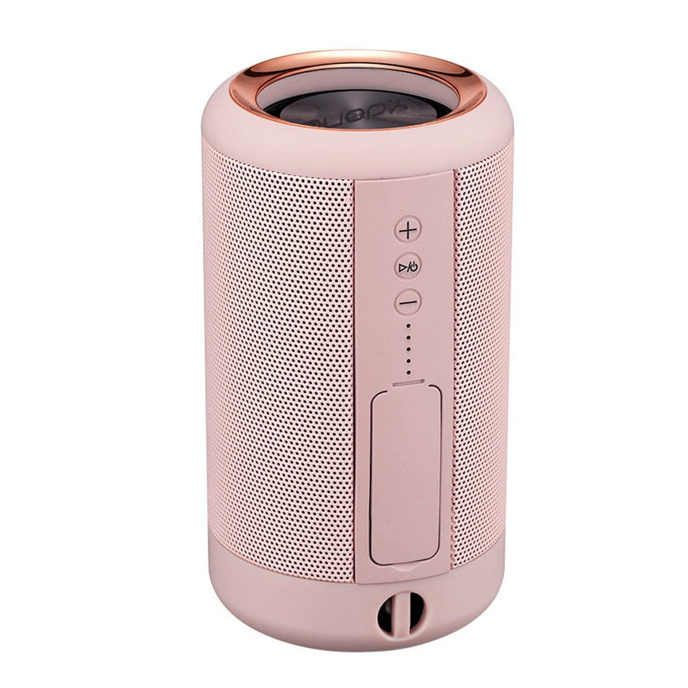 Axendris portable wireless Bluetooth speaker in a soft pink finish with rose gold accents and intuitive controls.