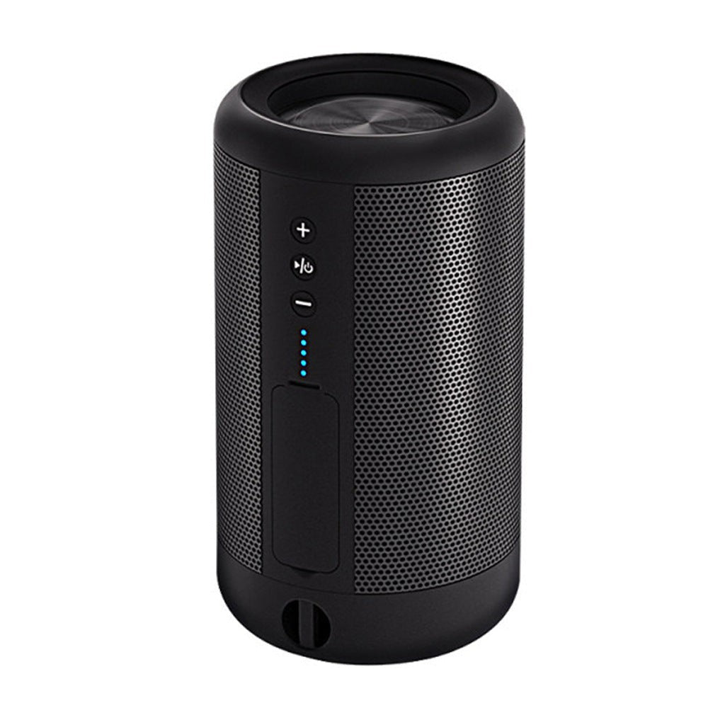 Axendris portable wireless Bluetooth speaker in matte black with a cylindrical mesh design and top control buttons
