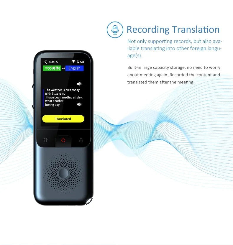 Axendris T11 portable smart voice translator showing real-time recording and translation on its 2.4-inch touch screen