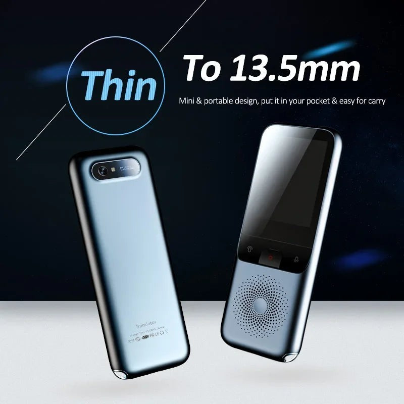 Axendris T11 portable smart voice translator with a slim 13.5mm design, featuring a 2.4-inch touchscreen and camera.