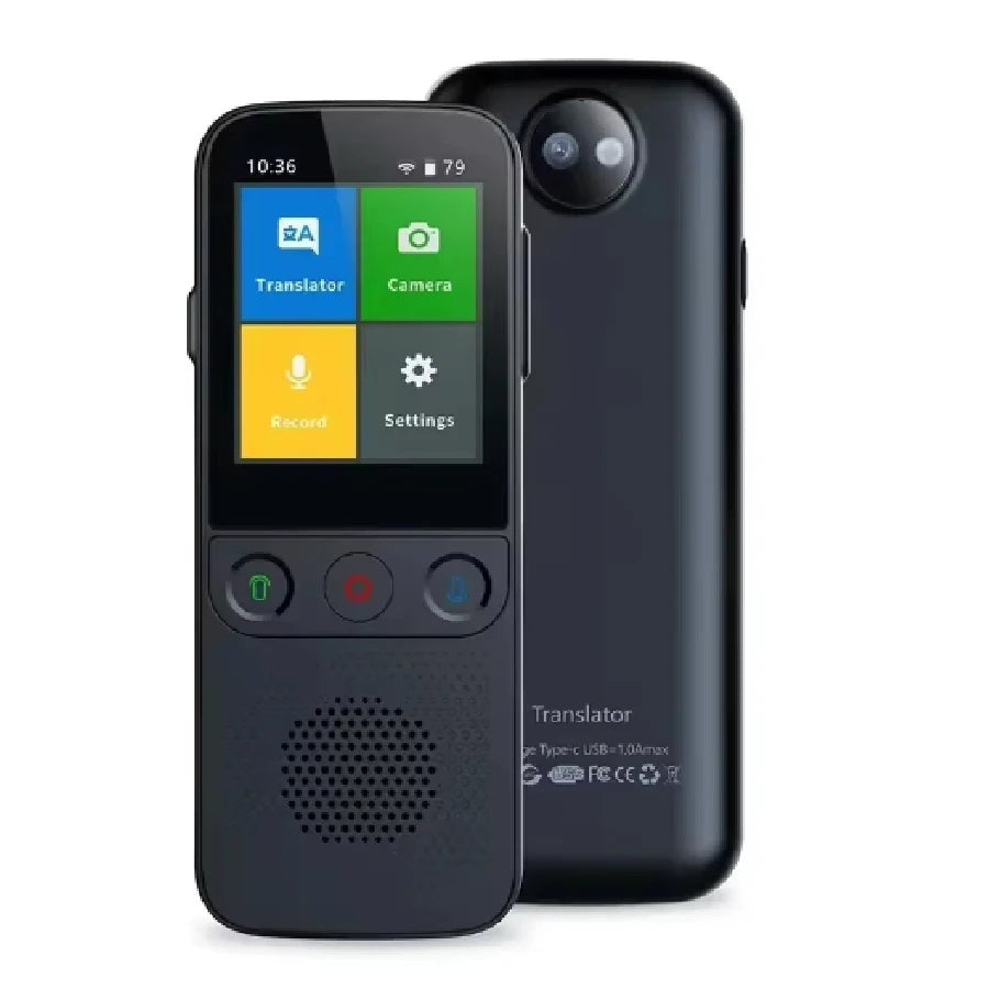 Axendris T11 portable smart voice translator with a 2.4-inch touch screen and rear camera in a sleek black finish.