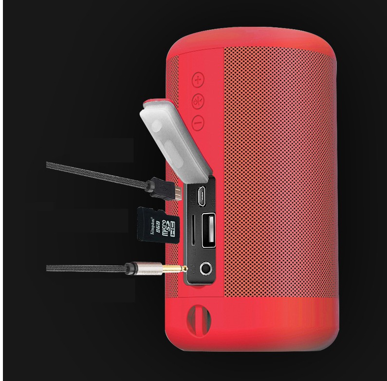 Axendris portable red wireless Bluetooth speaker with open port cover showing Micro SD, USB, and aux input slots.