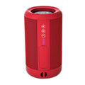 Axendris portable red wireless Bluetooth speaker with a cylindrical design, waterproof mesh, and top control panel.