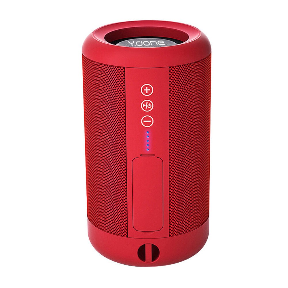 Axendris portable red wireless Bluetooth speaker with a cylindrical design, waterproof mesh, and top control panel.