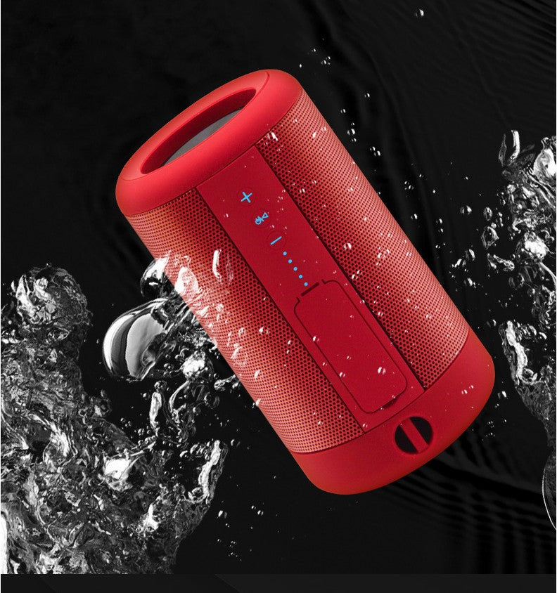 Axendris portable red waterproof wireless Bluetooth speaker with high-fidelity sound and intuitive button controls.
