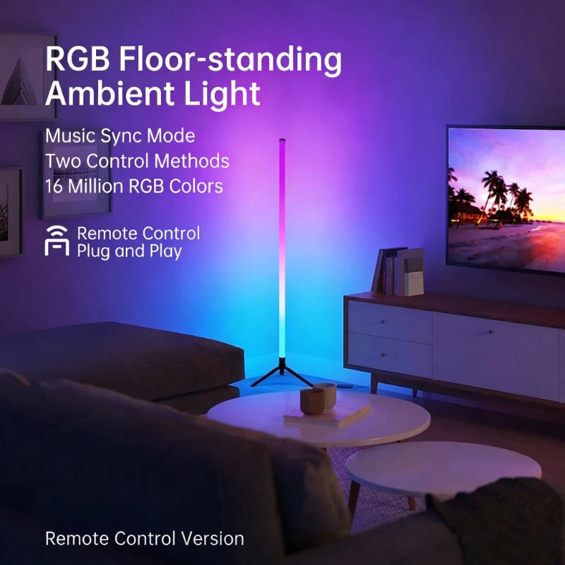 Axendris 120cm RGB LED floor lamp with music sync and remote control, creating ambient lighting in a modern living room