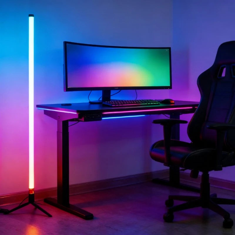Axendris 120cm LED RGB floor lamp in a gaming room, featuring sound-reactive ambient lighting next to a desk setup.