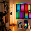 Axendris 120cm RGB LED floor lamp with sound pickup, showing various colour modes, remote control, and smartphone app.