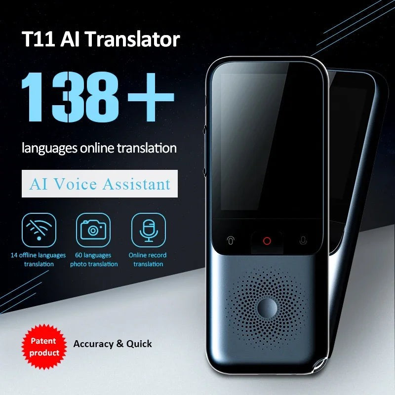 Axendris T11 portable AI voice translator with 2.4-inch touchscreen, supporting 138 languages and offline translation.