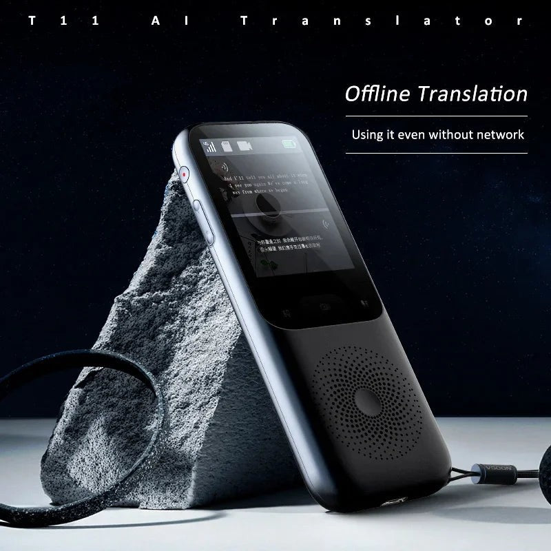 Axendris T11 portable smart voice translator with 2.4-inch touchscreen, featuring offline translation capabilities.