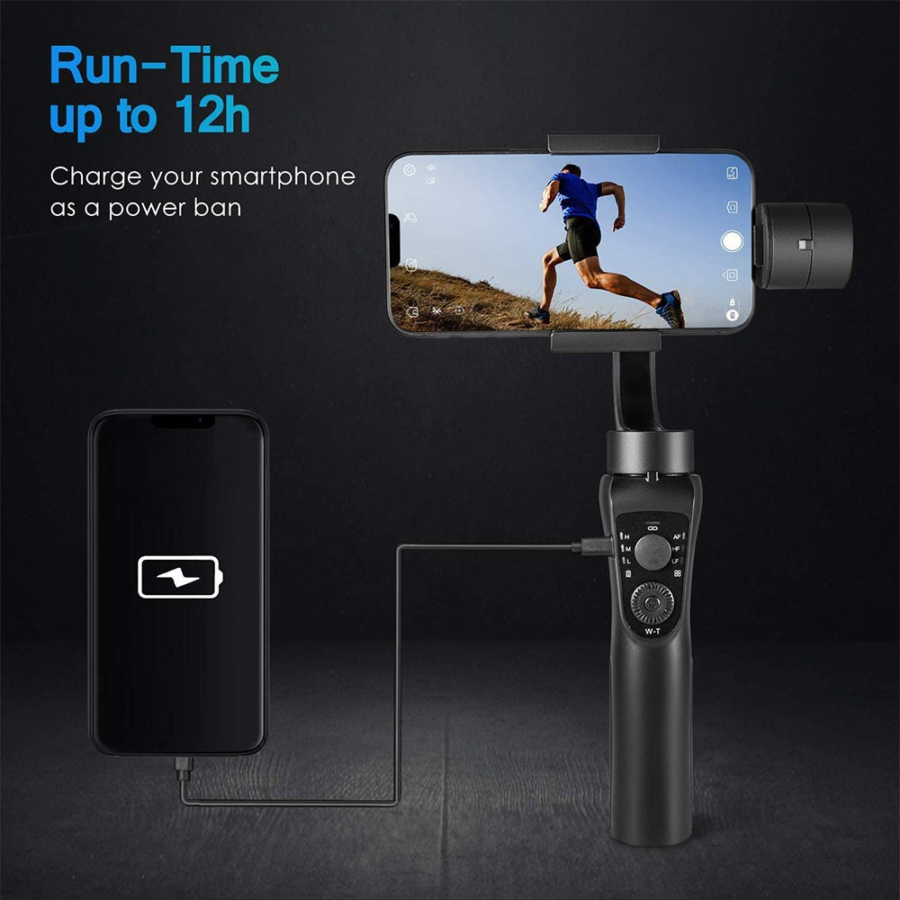 Axendris three-axis handheld gimbal stabilizer charging a smartphone with a 12-hour battery life