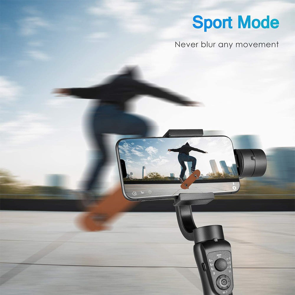 Axendris three-axis handheld gimbal stabilizer capturing a skateboarder in sport mode for smooth mobile video