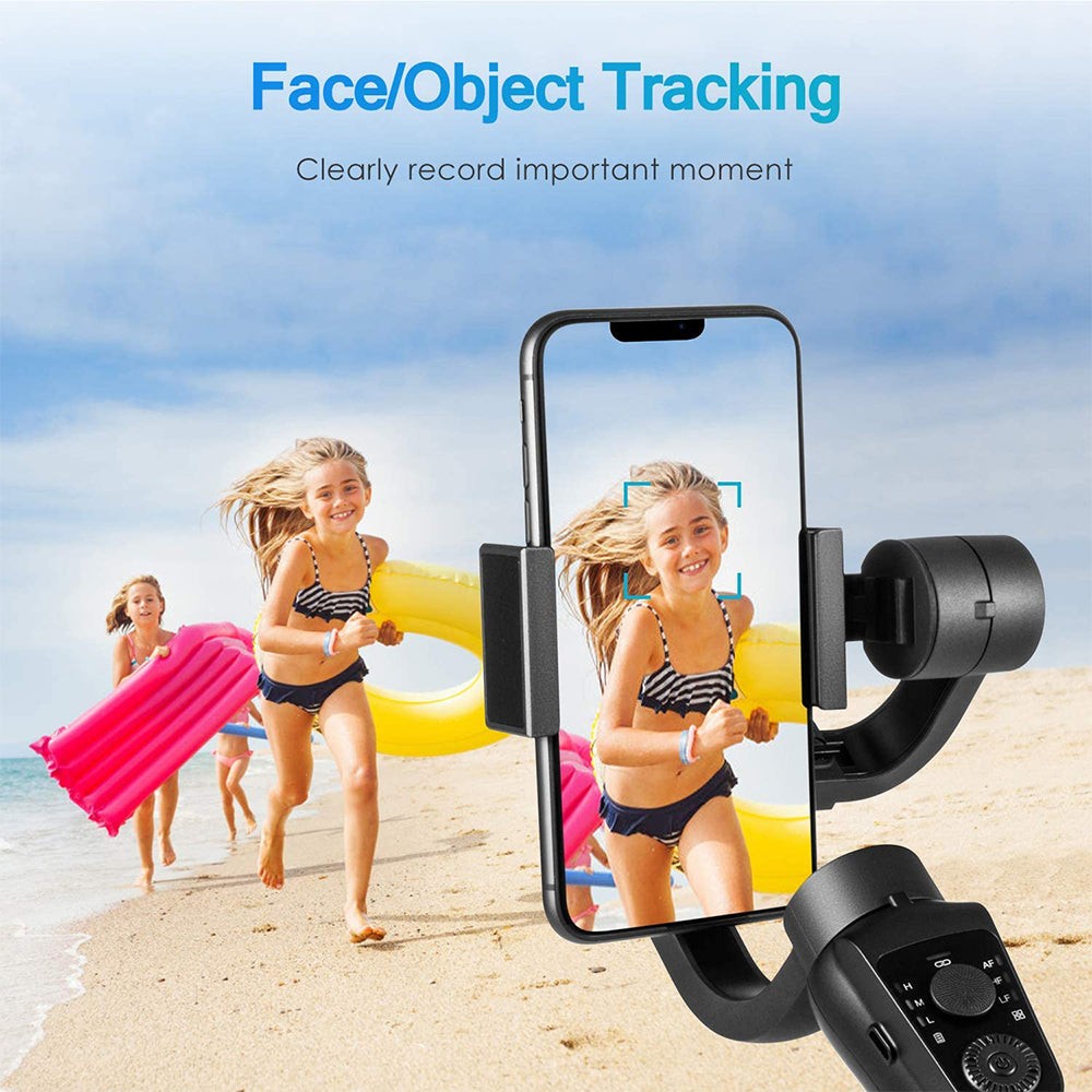 Axendris three-axis handheld gimbal stabilizer capturing a girl running on the beach with face tracking technology