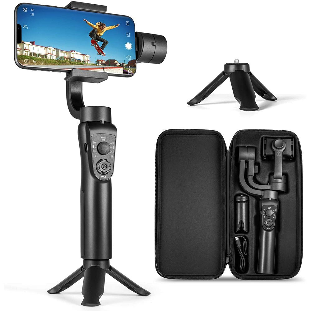 Axendris three-axis handheld gimbal stabilizer for smartphones with tripod, hard carrying case, and control buttons.