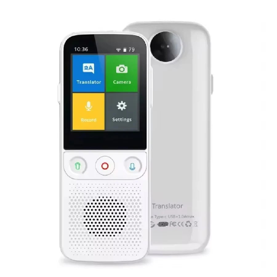 Axendris T11 portable smart voice translator in white with a 2.4-inch touch screen and built-in camera